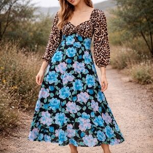 Miss Selfridge Mixed Print Floral Midi Dress Leopard Puff Sleeves
